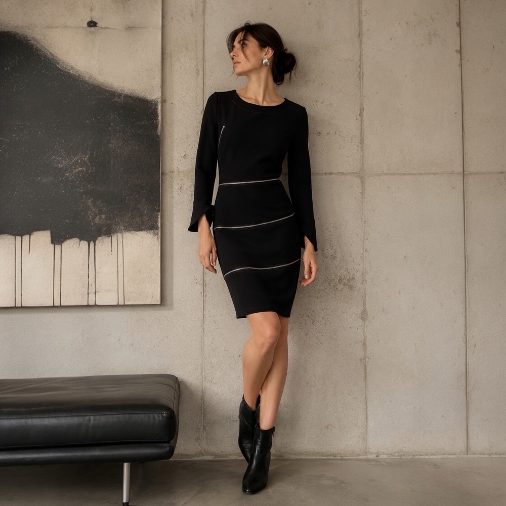 Samuel Dong Black Bell Sleeve Zip Detail Sheath Dress Medium NWT